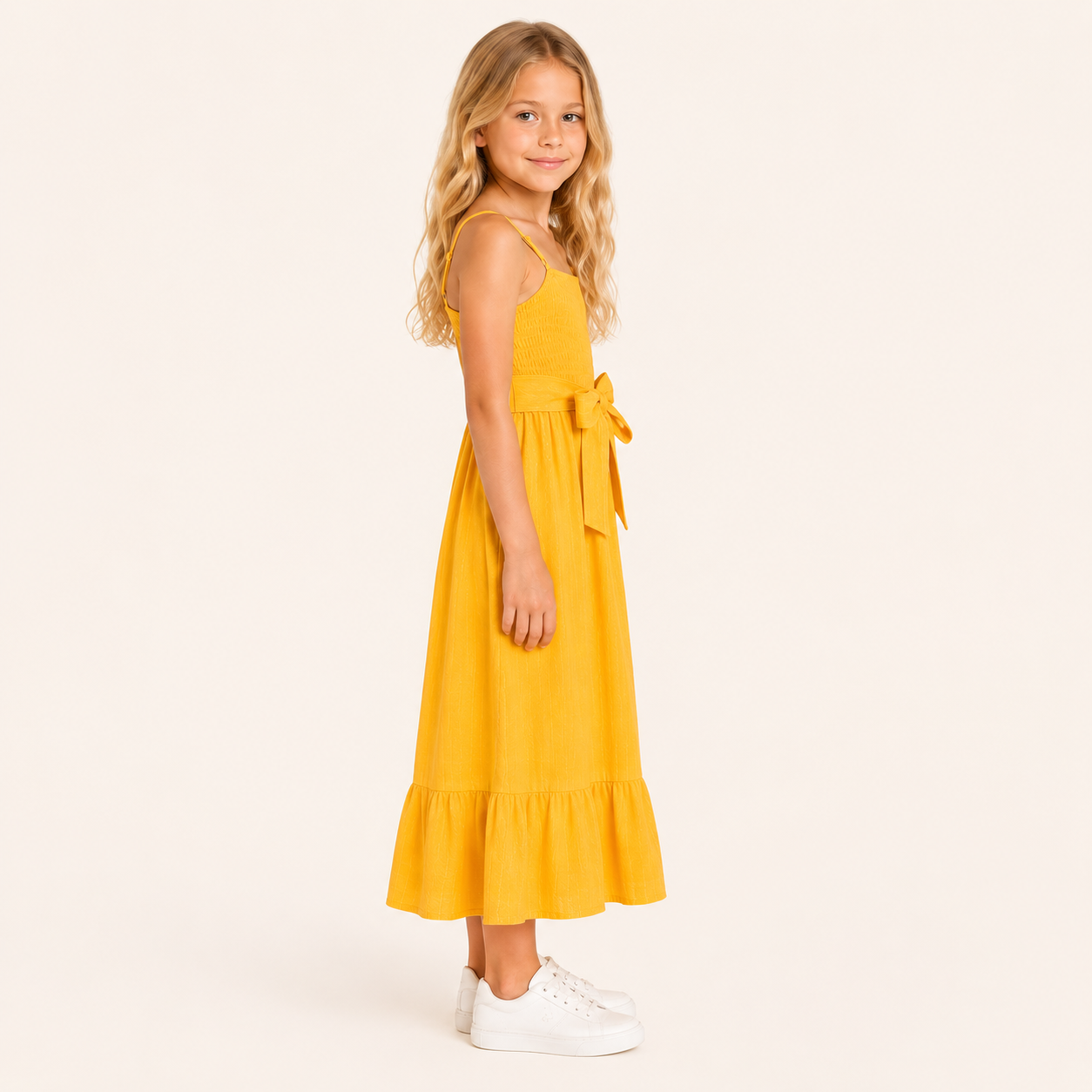 Meisjes Effen Maxi Jurk met Strik in Franse Stijl | Geel