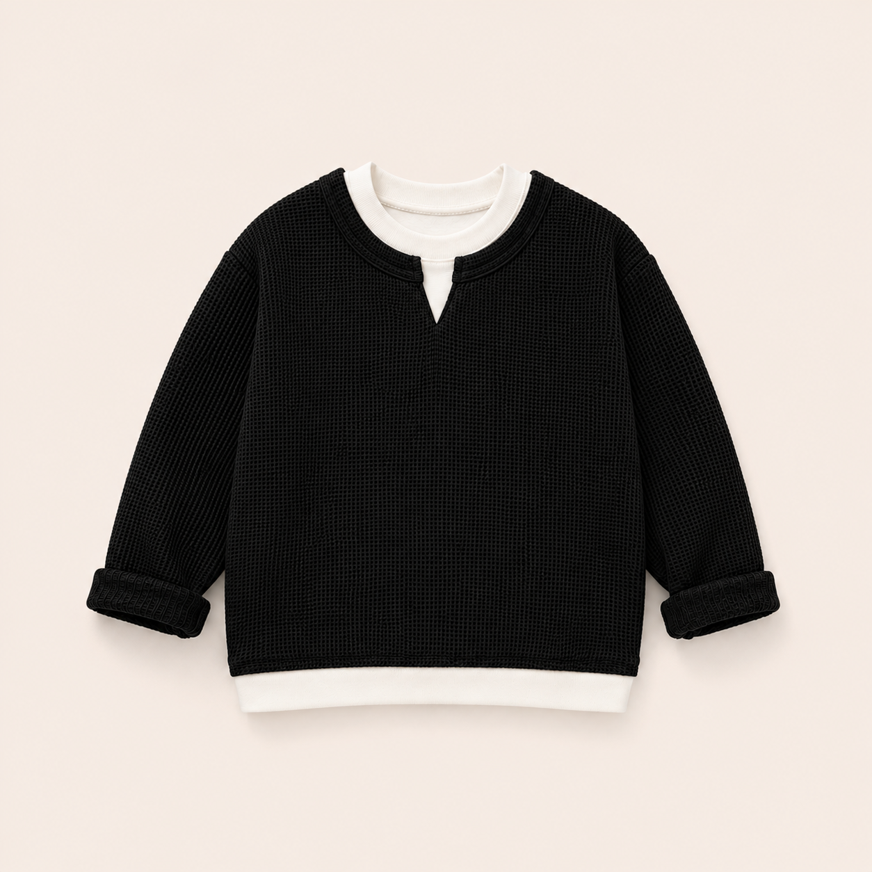 Jongens Wafel Sweatshirt met Ronde Hals | Grijs en Zwart
